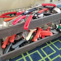 Bins of kitchen utensils and tools